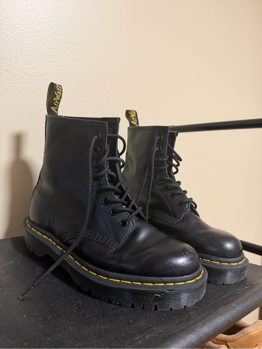 Dr. Martens Black Leather Lace-Up 1460 Bex Boots with Yellow Stitching